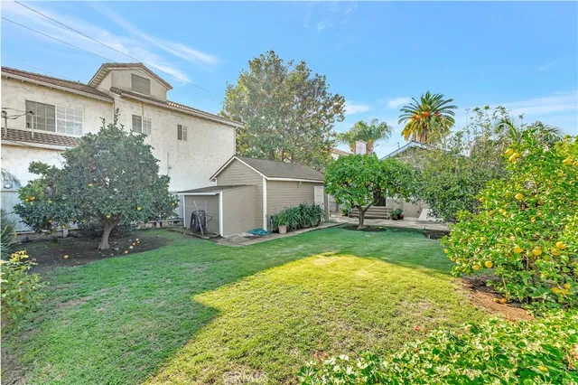a view of a backyard with plants and a patio