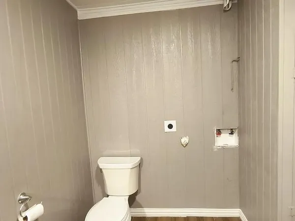 a bathroom with a shower and toilet