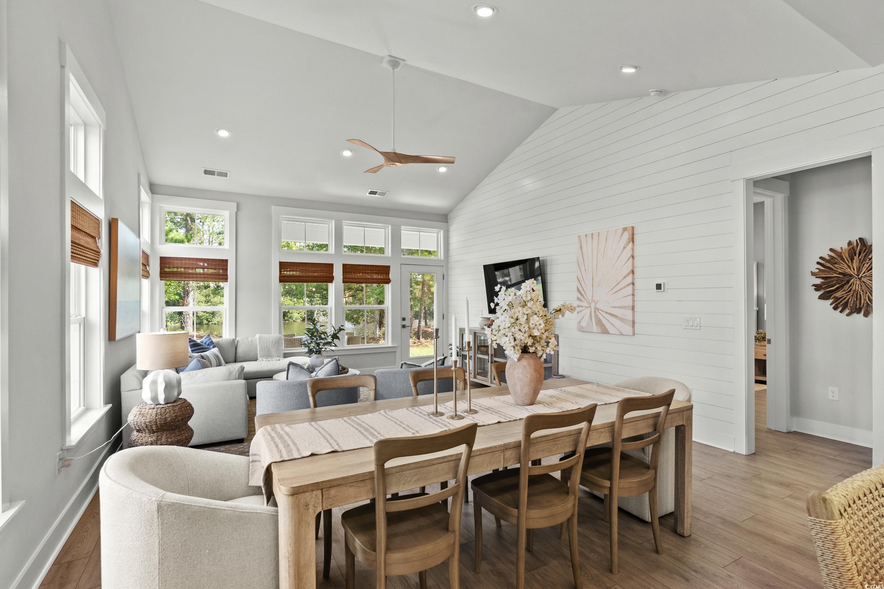 906 Foxtail Drive, Unit D44 Longs, SC 29568 - Photo 5 of 34 Dining room featuring plenty of natural light, recessed lighting, light wood-style floors, high vaulted ceiling, and ceiling fan