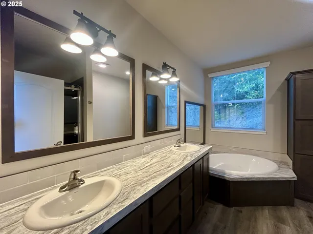a bathroom with a sink double vanity granite tub and a mirror