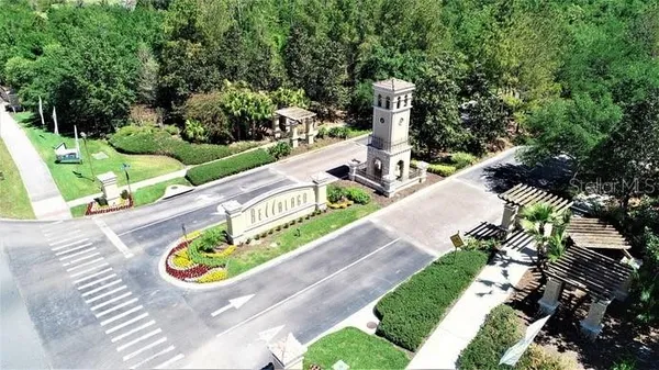 a view of a garden with a fountain