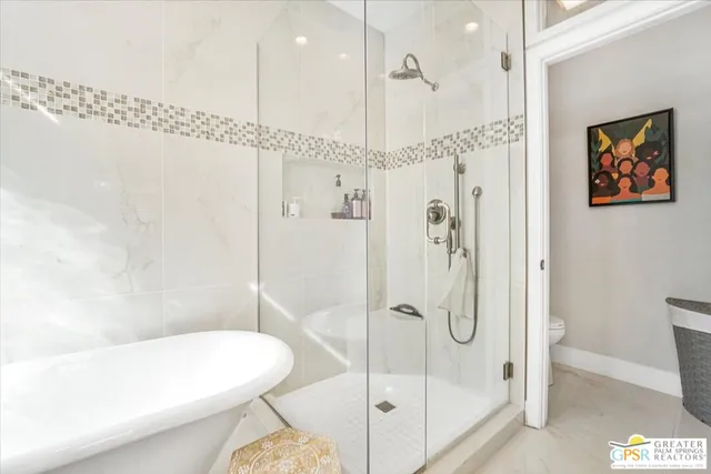 a bathroom with a shower and a toilet