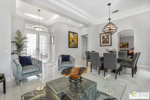 a view of a dining room with furniture