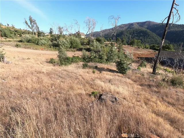 a view of a yard with wooden fence