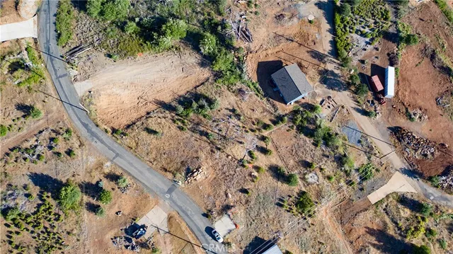 an aerial view of a house with a yard and large trees