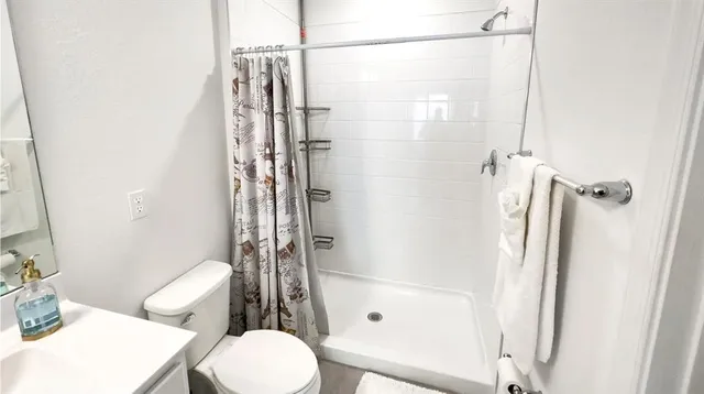 a bathroom with a shower a toilet and a sink