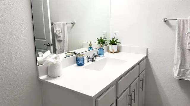 a bathroom with a sink vanity and a mirror