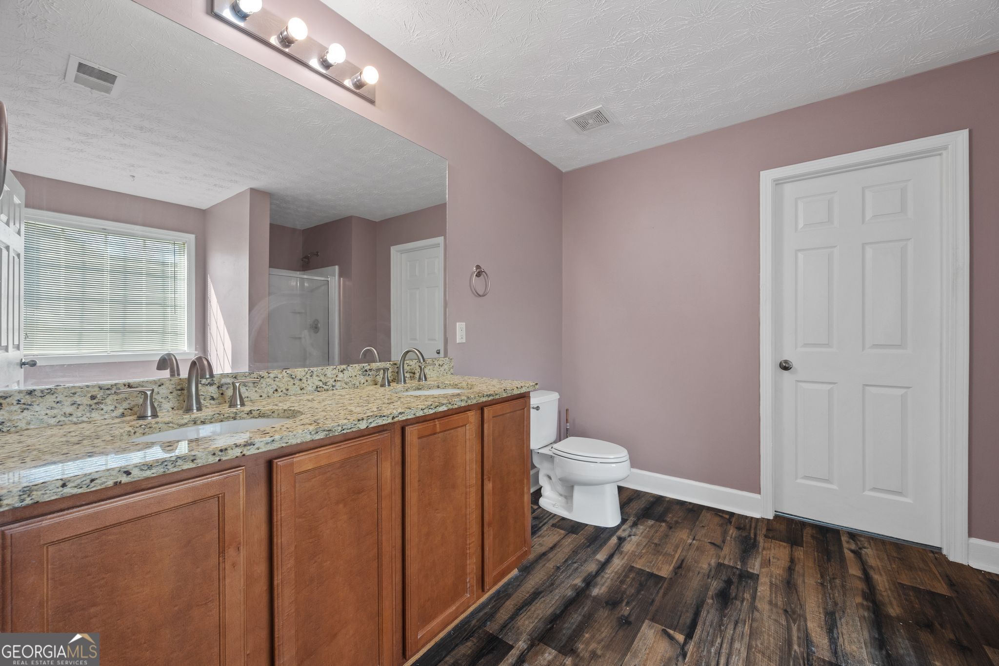 35 Timber Lane Newnan, GA 30265 - Photo 29 of 51 a bathroom with a granite countertop sink a toilet and a large mirror