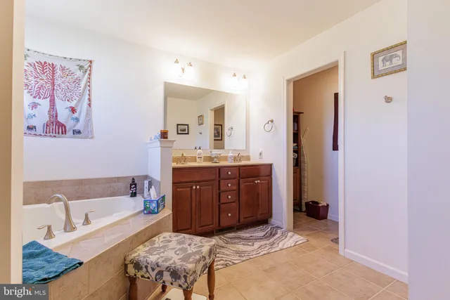 a bathroom with a tub sink and mirror