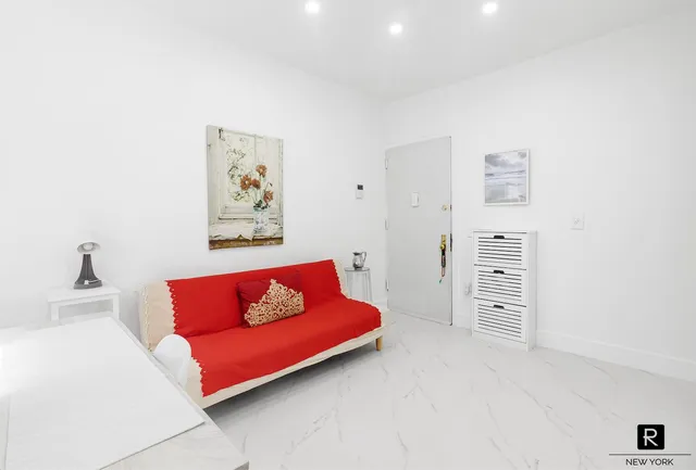 a blue white and white room