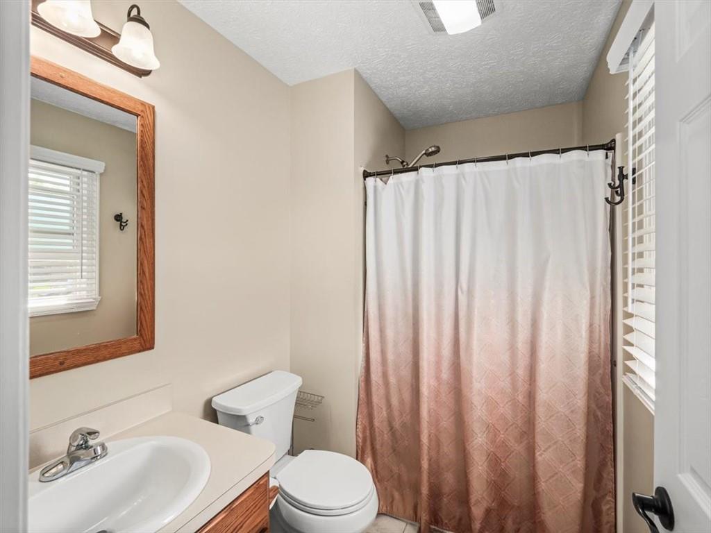 27 Spring Valley Street Slovan, PA 15078 - Photo 17 of 30 a bathroom with a sink a toilet and shower curtain