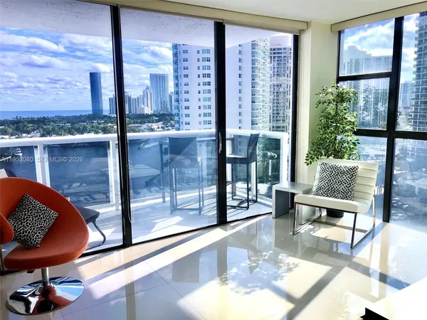 a living room with a large window