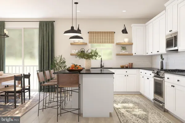 a kitchen with stainless steel appliances granite countertop a stove top oven a sink a dining table and chairs with wooden floor