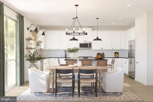 a dining room with wooden floor a chandelier a glass table and chairs