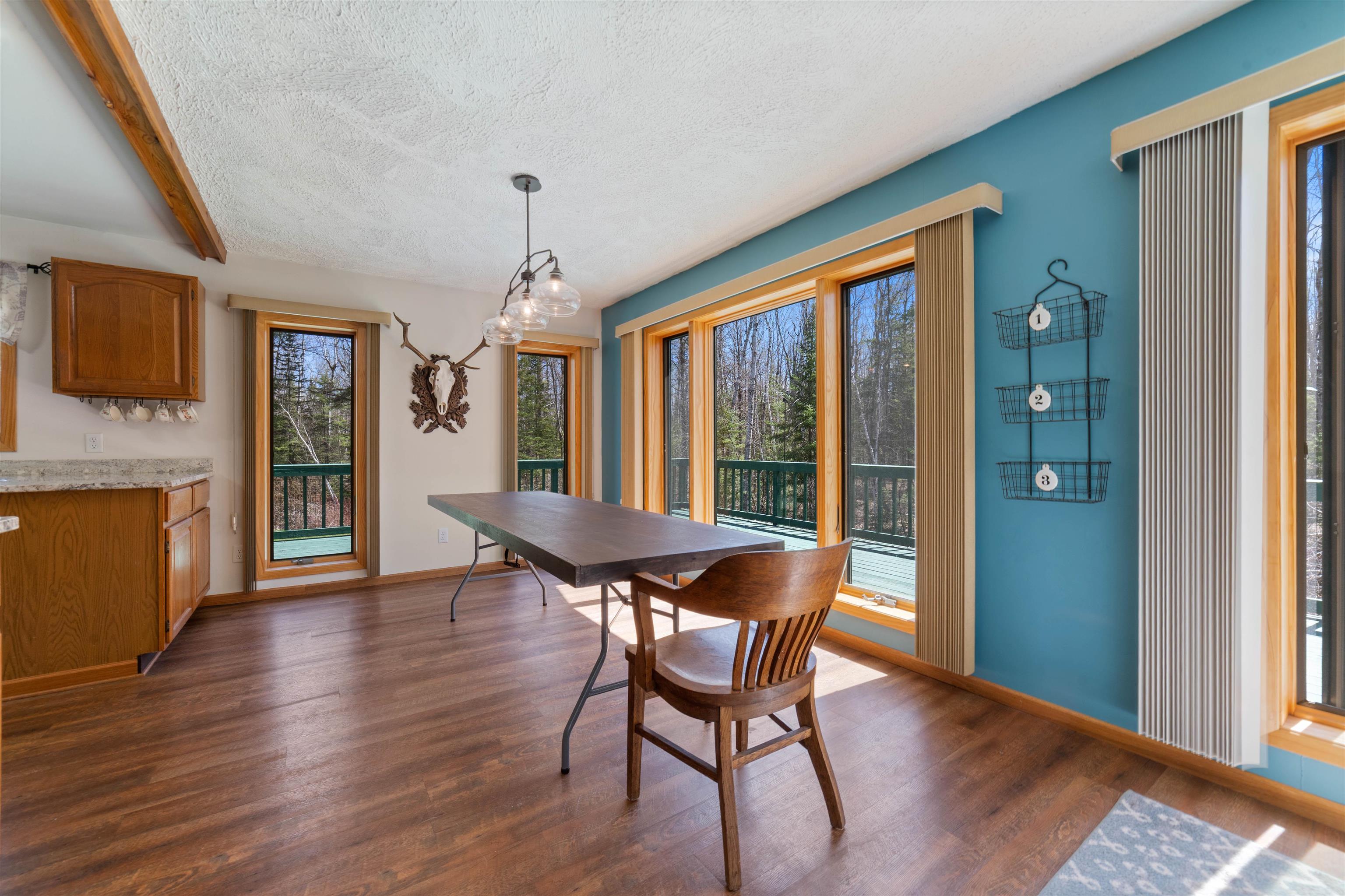 6960 South County Rd B Foxboro, WI 54836 - Photo 5 of 28 Dining area with healthy amount of natural light, dark wood-style floors, a textured ceiling, and a chandelier