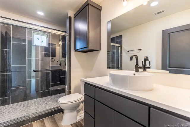 a bathroom with a sink a toilet and shower