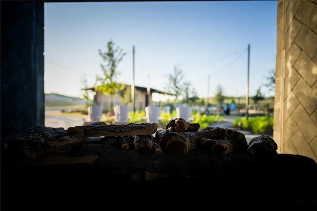 a view of a patio with table and chairs and potted plants