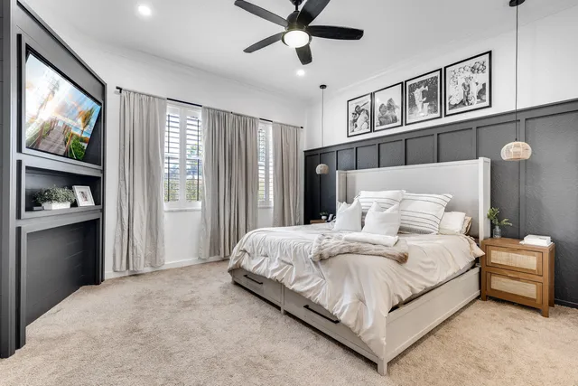 a spacious bedroom with a bed and a large window