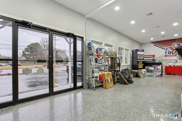 a view of a garage with furniture