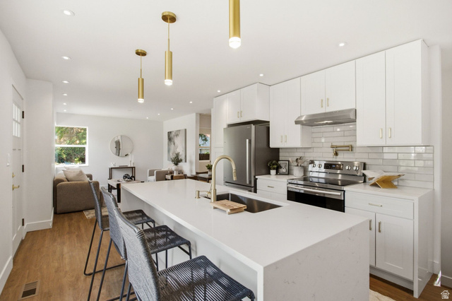 1187 East Ridgedale Circle Millcreek, UT 84106 - Photo 11 of 49 Modern kitchen featuring a waterfall-edge island with an undermount sink and gold-finish faucet