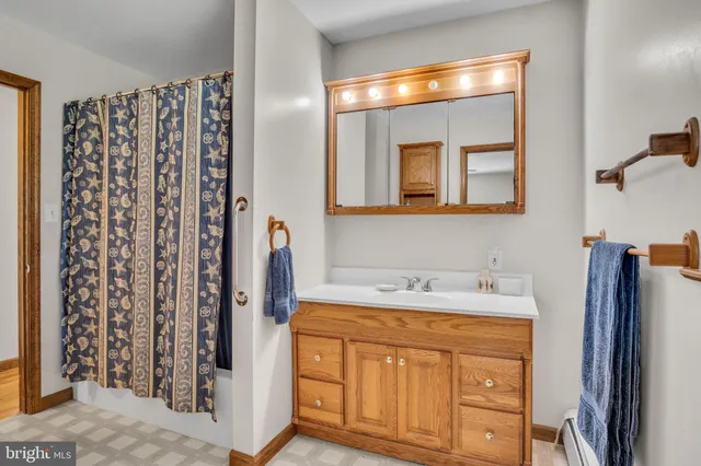 a bathroom with a sink a mirror and a shower