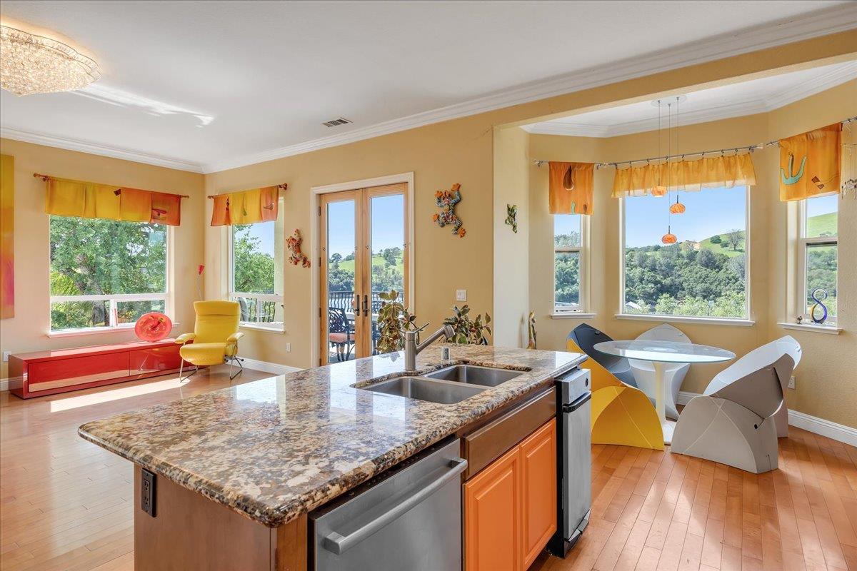 33 Aurora Lane Copperopolis, CA 95228 - Photo 14 of 46 kitchen with a kitchen island with sink, light wood finished floors, light stone countertops, french doors, and dishwasher