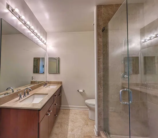 a bathroom with a double vanity sink mirror and toilet