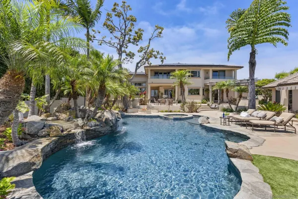a view of a backyard with plants and a patio