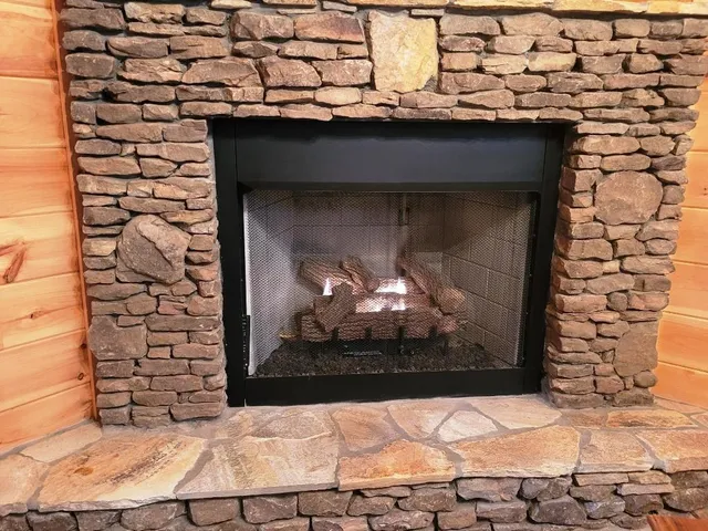 a room with a fireplace