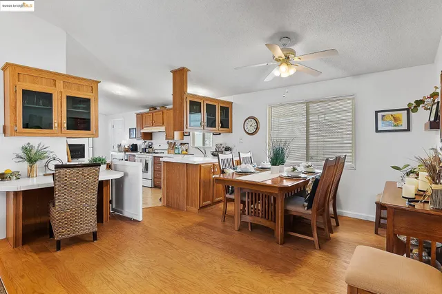 a view of a dining room with furniture