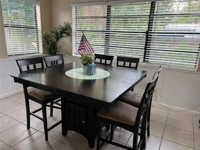 a view of a dining room with furniture and window