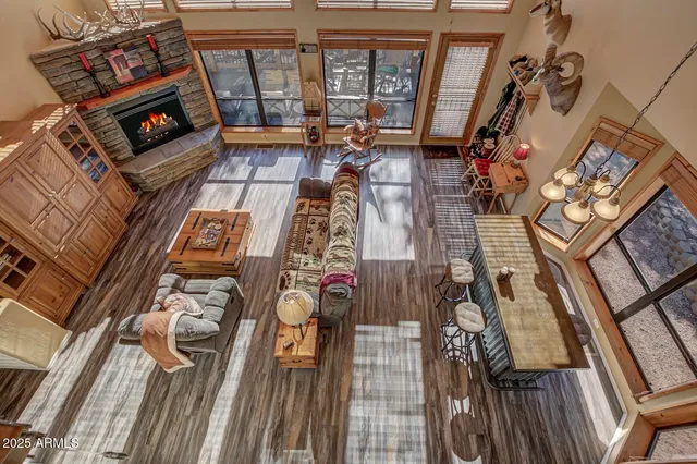 a view of living room with furniture and a fireplace