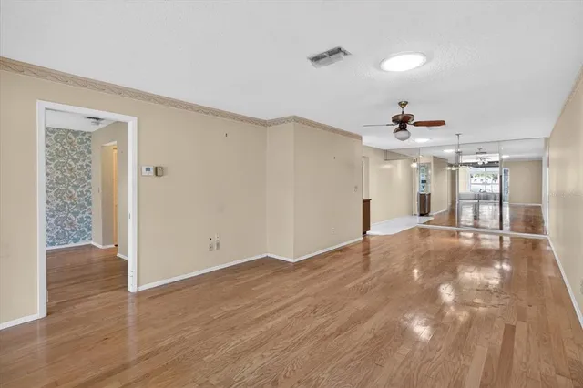a view of a room with a chandelier