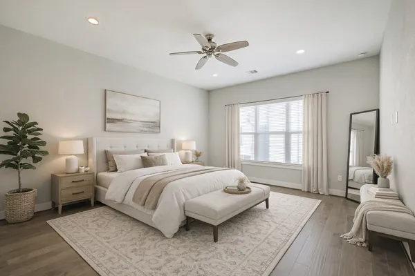 a spacious bedroom with a bed and a couch