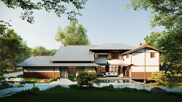 a front view of a house with a garden and plants