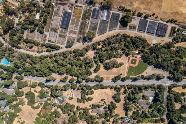 an aerial view of a forest with houses