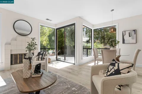 a living room with furniture a fireplace and a floor to ceiling window
