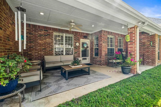a garden view with a seating space