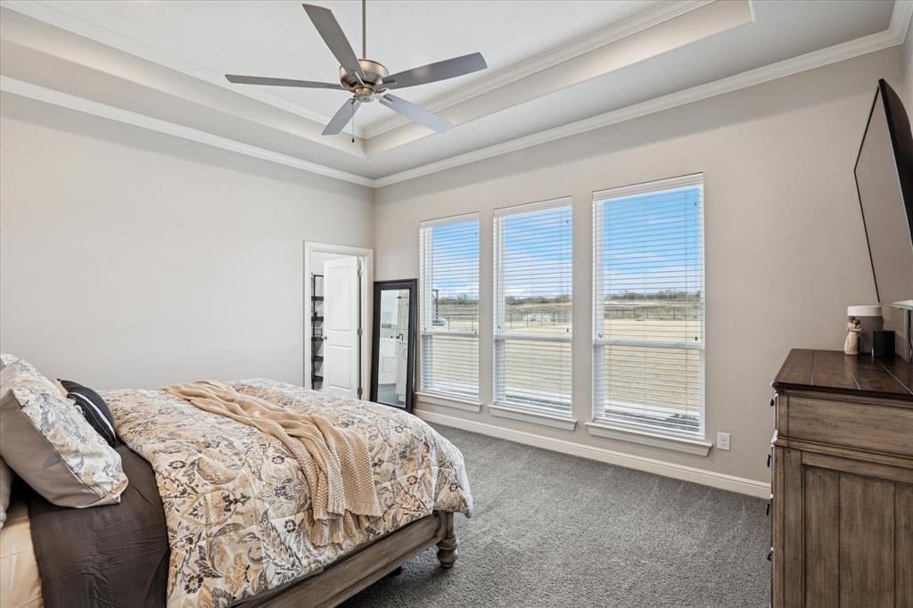 112 Friendship Way Boyd, TX 76023 - Photo 15 of 29 Tray ceiling with crown molding and a contemporary ceiling fan