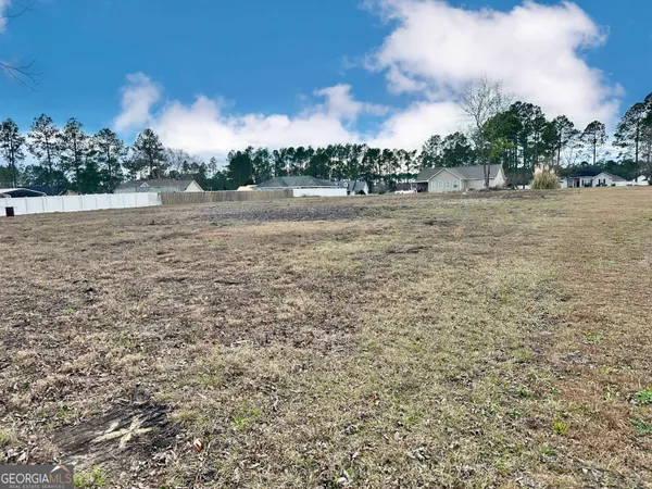 a view of dirt field with trees in background