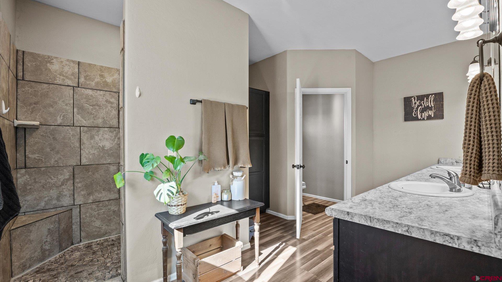 21017 Austin Road Austin, CO 81410 - Photo 15 of 29 a bath room with a granite countertop sink and a potted plant