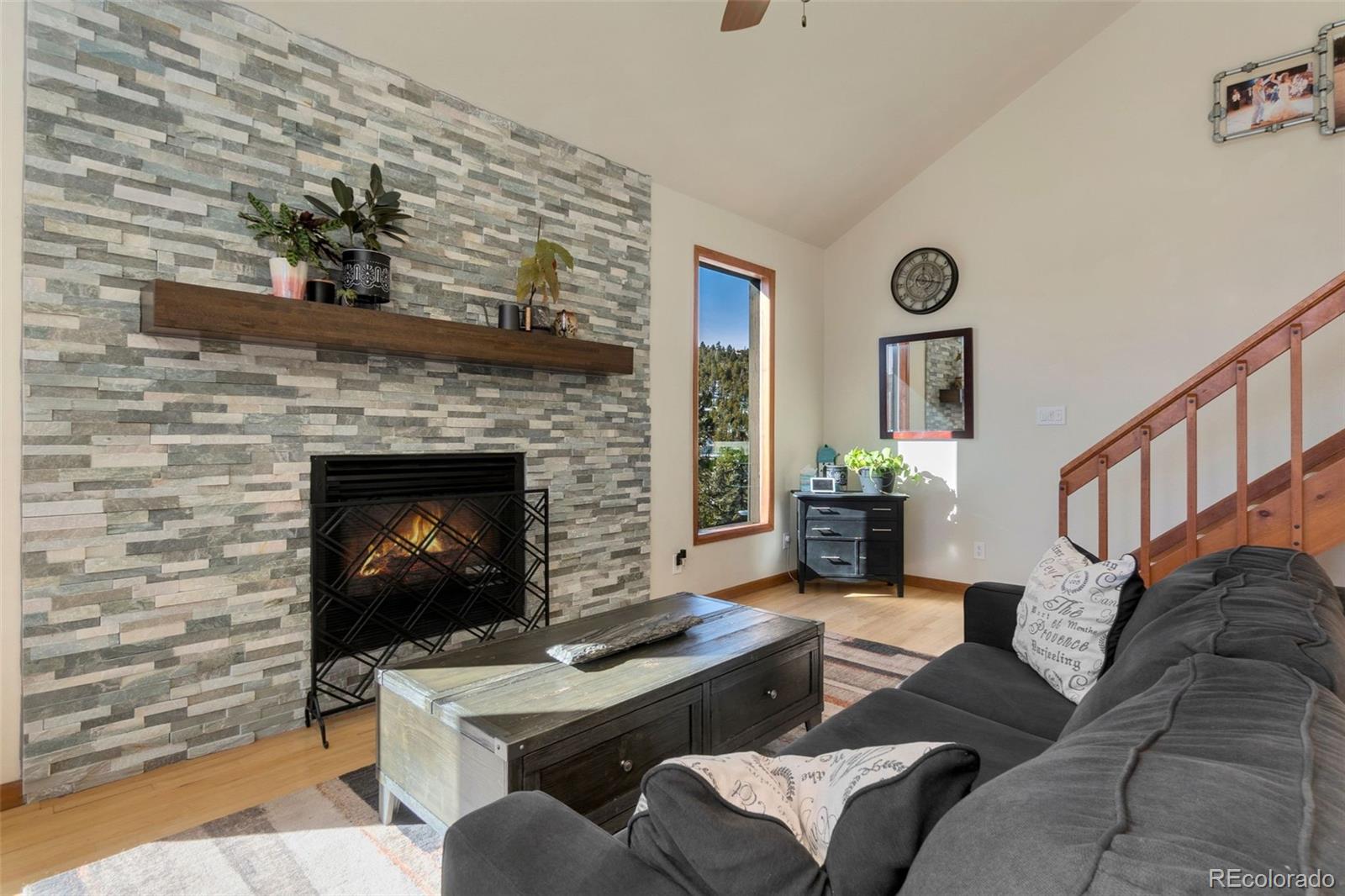 33773 Elk Run Evergreen, CO 80439 - Photo 5 of 35 a living room with furniture a fireplace and a potted plant
