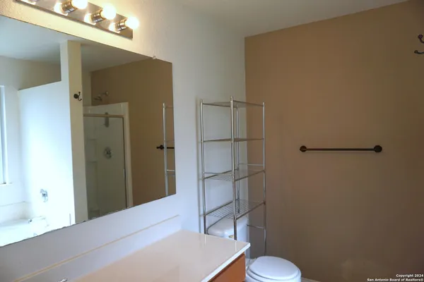 a bathroom with a shower and a toilet