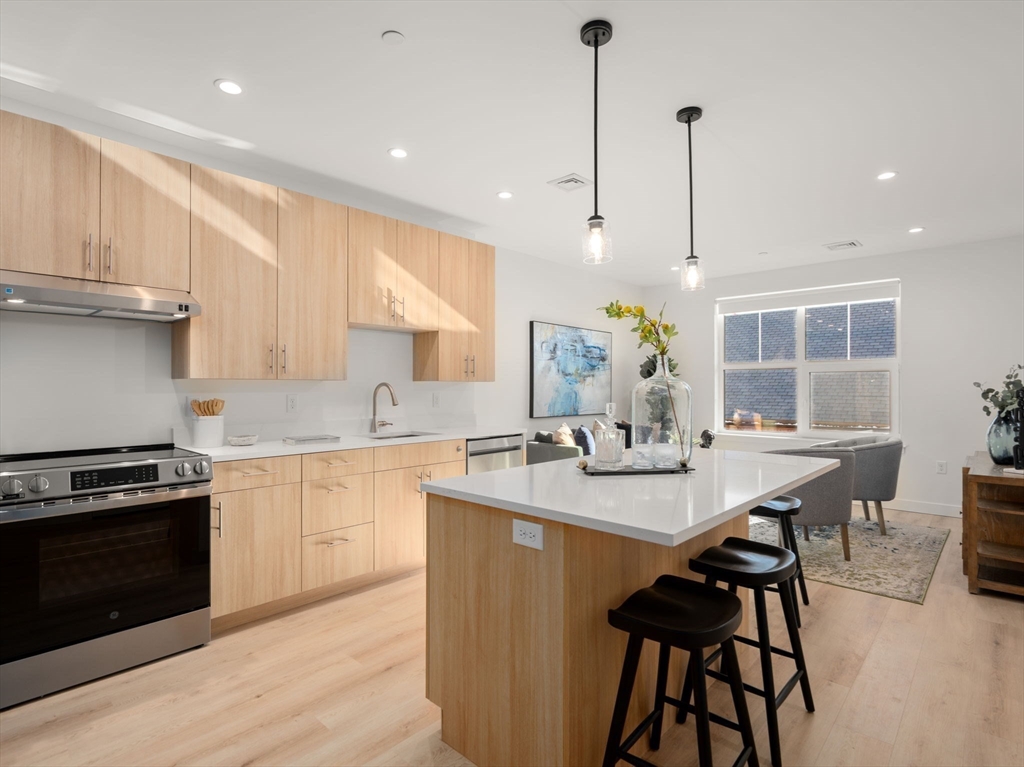 1151 Walnut Street, Unit 307 Newton, MA 02461 - Photo 6 of 32 a kitchen with stainless steel appliances kitchen island granite countertop a stove a sink and a wooden floors
