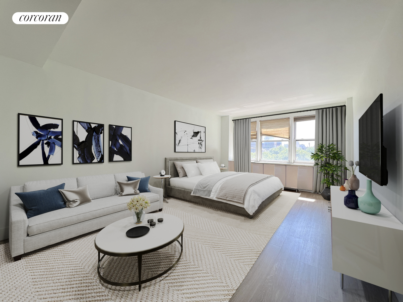 50 Bayard Street, Unit 6T Manhattan, NY 10013 - Photo 1 of 6 a living room with furniture and a flat screen tv
