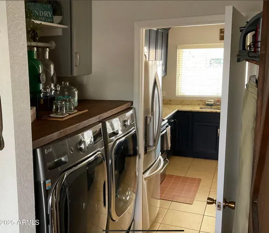 a view of a refrigerator and a mirror
