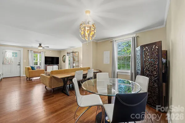 a view of a dining room with furniture window and wooden floor