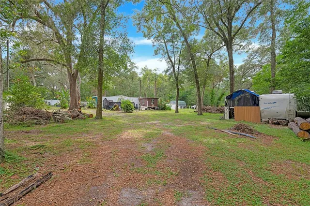 a view of backyard with seating space and trees