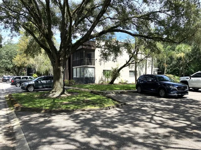 a view of a yard with a car parked in it