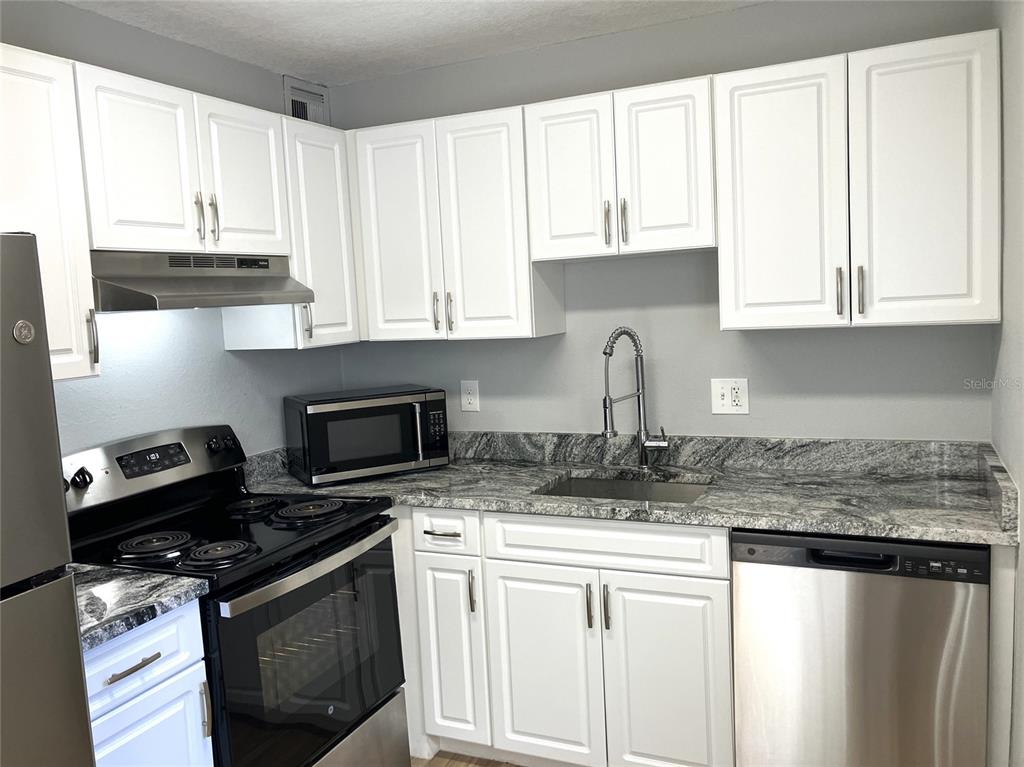 11703 Raintree Village Boulevard, Unit B Temple Terrace, FL 33617 - Photo 18 of 60 a kitchen with granite countertop white cabinets and appliances